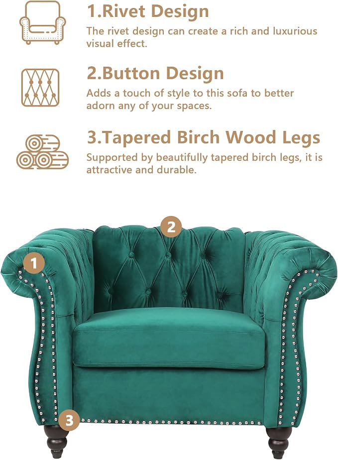 Living Room Chair, Modern Velvet Chesterfield Sofa Chair, Mid Century Single - Image 6