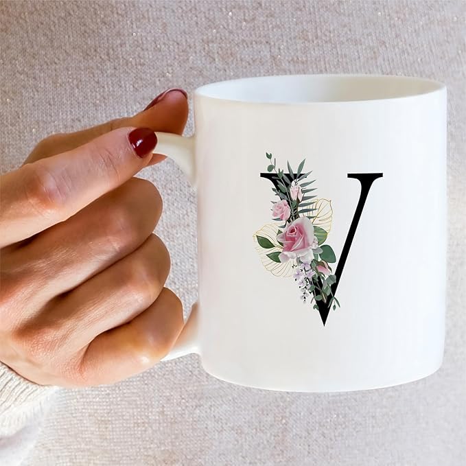 Retreez Initial A-Z Floral Botanical Bouquet Alphabet Monogrammed Monogram Mug 11 Oz Ceramic Tea Coffee Mugs - Appreciation Thank You Wedding Birthday Gifts for her friend coworker sister - V Initial
