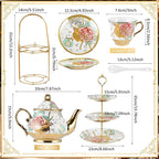 Maxcheck 21 Pcs Tea Party Set for Adults European Floral Tea Set with Metal Holder and 3 Tier Ceramic Cake Stand Porcelain Flower Cup Teapot for Dessert Cupcake(Elegant Style)