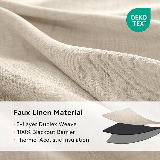 100% Blackout Linen Textured Curtains 108 Inch Long, Natural Flax | 100% - Image 4