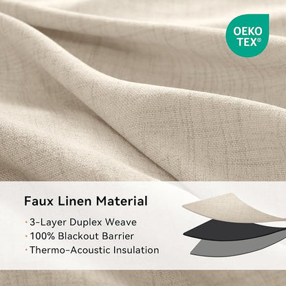 100% Blackout Linen Textured Curtains 108 Inch Long, Natural Flax | 100% - Image 4