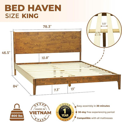 Acacia Haven King Wooden Bed Frame, 100% Solid Wood Platform Bed - Image 2