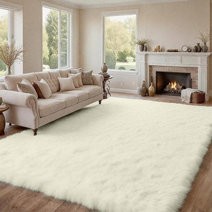 8x10 Fluffy Shag Area Rugs for Living Room Bedroom: Soft Carpet Cream White | - Image 4