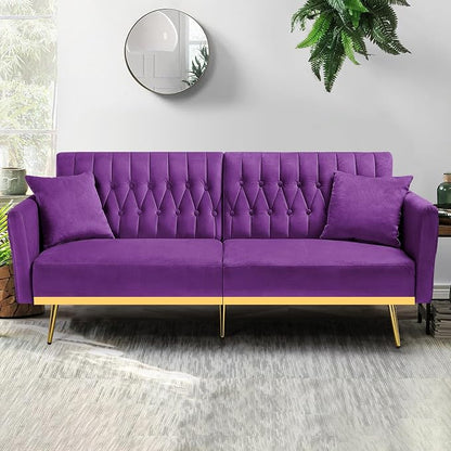 70” Velvet Futon Sofa Bed with 2 Pillows and Adjustable Armrests, Convertible - Image 2