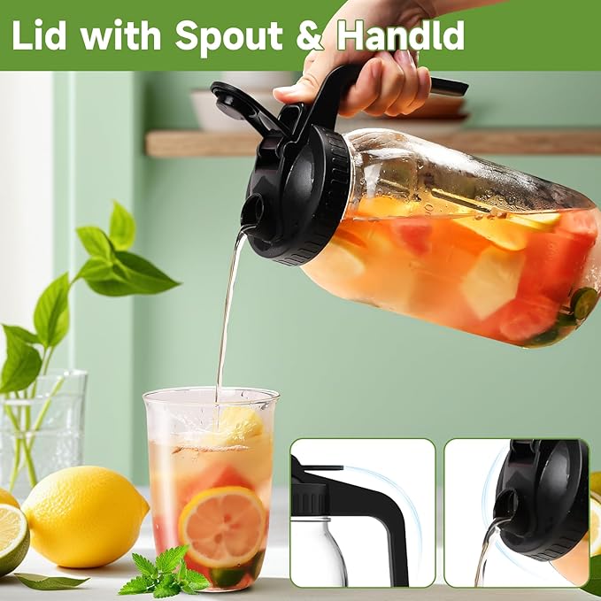 2-Pack 64oz Glass Mason Jar Pitchers with Leak-Proof Lids and Handles – Wide Mouth Design for Sun Tea, Cold Brew, Lemonade, Juice, Iced Tea, and Water