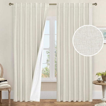 Natural 100% Blackout Linen Curtains 84 Inches 2 Panels, Ivory | Thermal by LAMIT