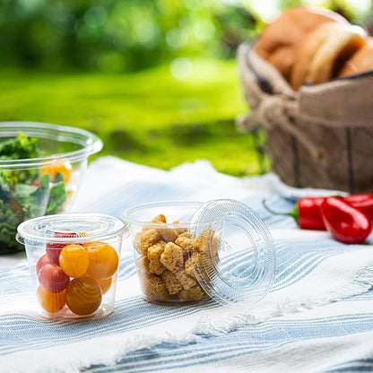 Portion Cups with Lids (5.5 Ounces, 100 Pack) | Disposable Plastic Cups for Meal Prep, Portion Control, Salad Dressing, & Medicine | Small Plastic Condiment Container