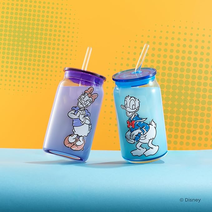 JoyJolt Disney Mickey Mouse and Friends Color Sketch Glass Tumblers with Lids and Straws, 16oz Glass Cups with Lids and Straws, Can Shaped Drinking Glasses Set of 4, Disney Gifts for Adults