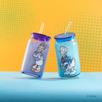 JoyJolt Disney Mickey Mouse and Friends Color Sketch Glass Tumblers with Lids and Straws, 16oz Glass Cups with Lids and Straws, Can Shaped Drinking Glasses Set of 4, Disney Gifts for Adults