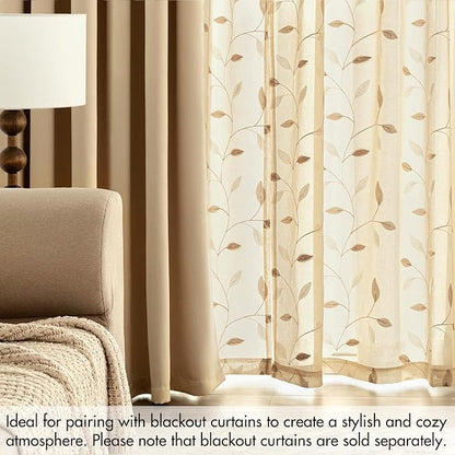 MIULEE Khaki Sheer Curtains 2 Panels Embroidered Leaf Patterned, W52 x L84 | - Image 7