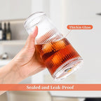 20 oz Tumblers with Lids and Straws, Ribbed Glass Set of 4-Clear Ice Coffee Cups Ideal for Smoothies, Juice, Boba & Cold Beverages, Durable reusable Glassware，Drinking Glasses with 1 Brush