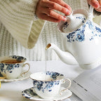 21-Piece Bone China Tea Set for Adults, Blue and White Porcelain Tea Set for 6, Vintage Floral Tea Cup Set With Teapot, Tea Party Sets for Women Gift