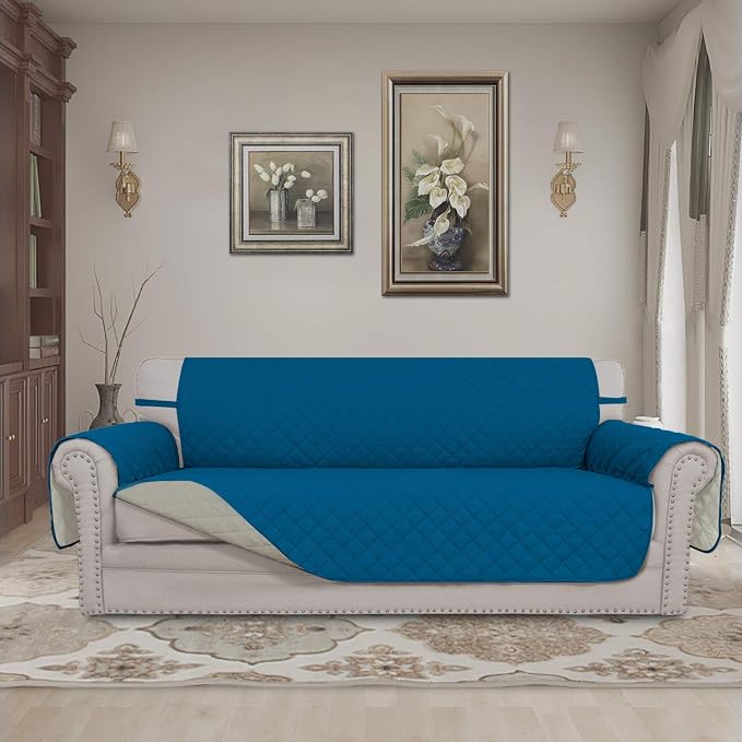 Easy-Going Reversible Couch Cover, 4 Seater Sofa, Peacockblue/Beige | XX-Large - Image 2