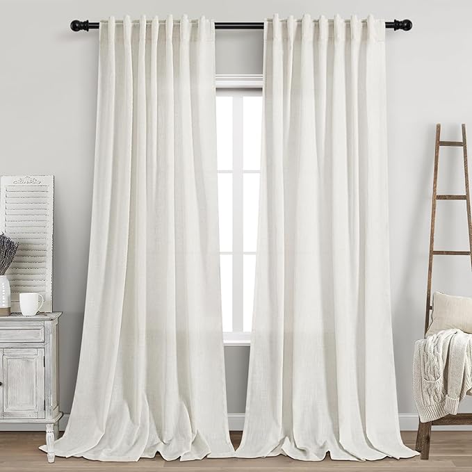 Beige White Linen Curtains for Living Room 94 Inches Long Back Tab and Rod by Nanspring