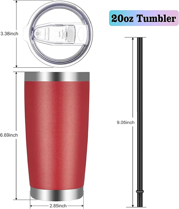 VEGOND 20oz Tumbler with Lid and Straw Stainless Steel Tumbler Cup Bulk Vacuum Insulated Double Wall Travel Coffee Mug Powder Coated Coffee Cup(Powder Red 12 Pack