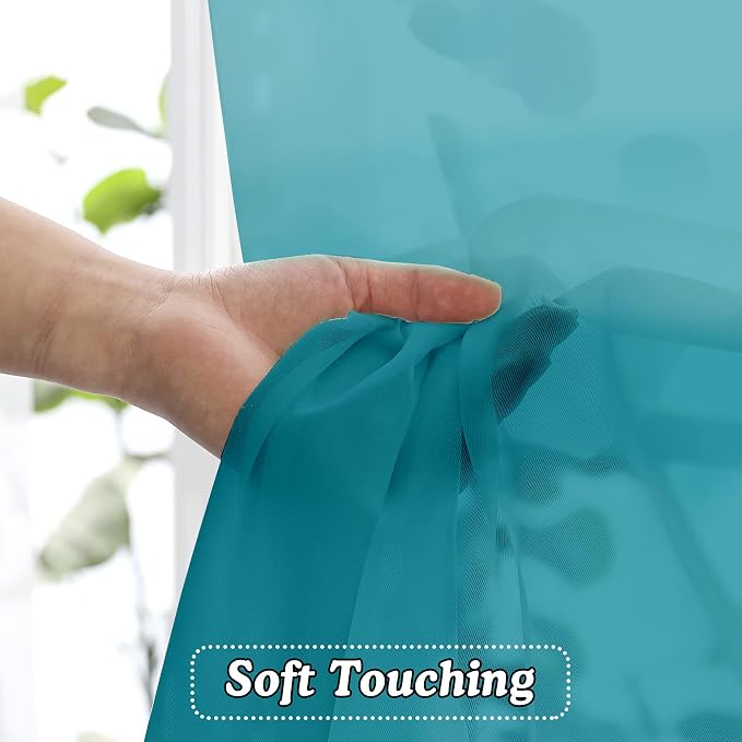 Turquoise Sheer Curtains 36 inches Long, Short Kitchen Window Treatment Solid - Image 4