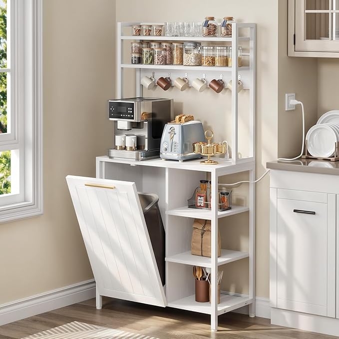 YITAHOME Bakers Rack with Storage Microwave Stand with Trash Can Bin Cabinet and Power Outlet 6-Tiers Coffee Stand Large Microwave Table for Kitchen Dining Room Living Room White