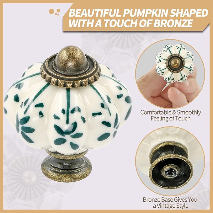 Ivory & Green Pumpkin Knobs 2 Pack Ceramic Cabinet Knobs Vintage Drawer Pulls - Image 3
