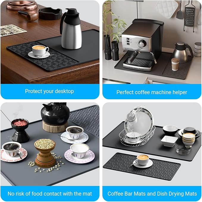 Silicone Coffee mat 24''x16'' – Non-Slip Bar Mat with Detachable Drying Layer for Espresso Machines, Countertops & Dish Racks
