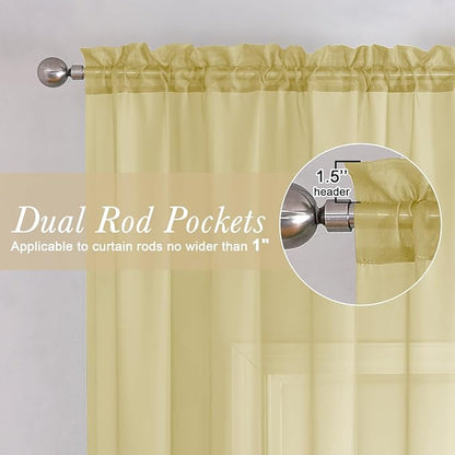 Yellow Sheer Curtains 78 Inches Long 2 Panels, Gauzy Light Filtering Breathable - Image 2