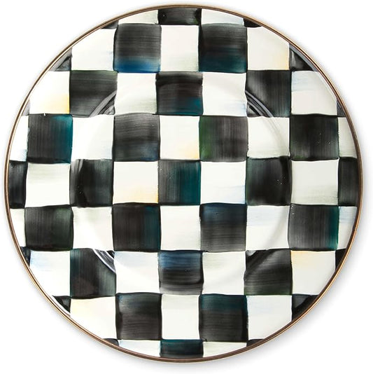 MACKENZIE-CHILDS Enamel Salad and Dessert Plate, Small Plate for a Dessert or Appetizer Dish, 8 Inches, Black-and-White Courtly Check