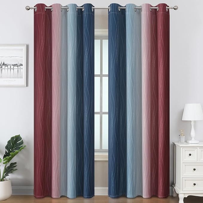 Navy Blue and Burgundy Red Ombre Blackout Bedroom Curtains 102 Inches Long | - Image 2