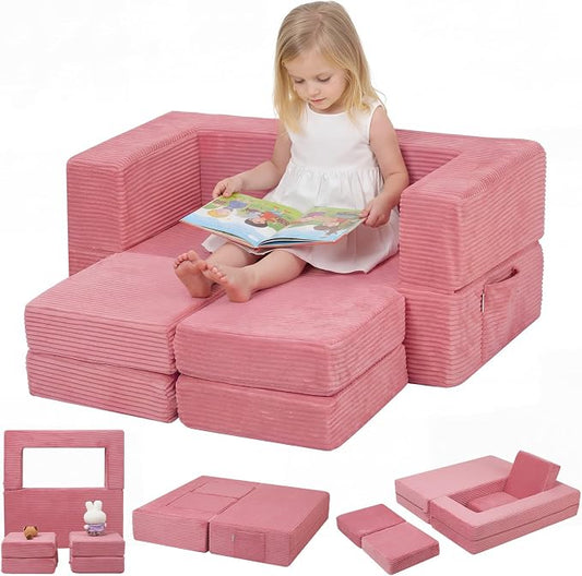 MeMoreCool Pink Corduroy Kids Play Couch, Modular Toddler Couch by MeMoreCool
