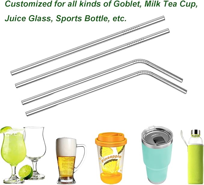 VEHHE Metal Straws Stainless Steel Straws Drinking Straws Reusable - 10.5" Ultra Long 4 + 1 - W/Cleaning Brush for 20/30 Oz for Yeti RTIC SIC Ozark Trail Tumblers (2 Straight|2 Bent|1 Brush)