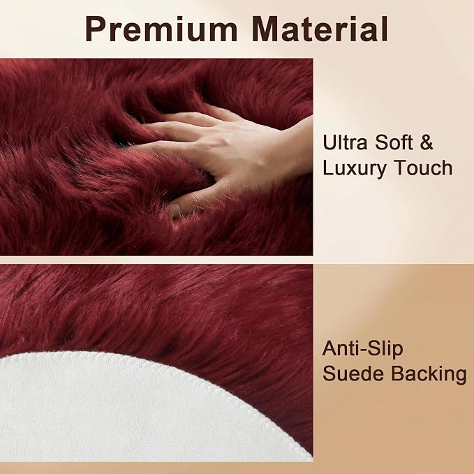 duduta Burgundy Faux Fur Sheepskin Round Rug 4x4 ft, Fluffy Shag Circle Rug | - Image 3