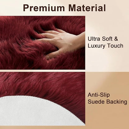duduta Burgundy Faux Fur Sheepskin Round Rug 4x4 ft, Fluffy Shag Circle Rug | - Image 3