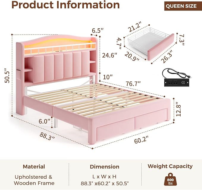 Queen LED Bed Frame with Storage Headboard & 2 Storage Drawers, Princess Velvet - Image 2