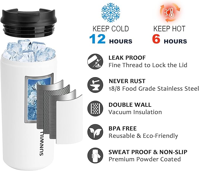 SUNWILL Insulated Coffee Mug with Lid, Leak Proof Tumbler Stainless Steel, 12 oz Travel Cup for Office, Home, Powder Coated White