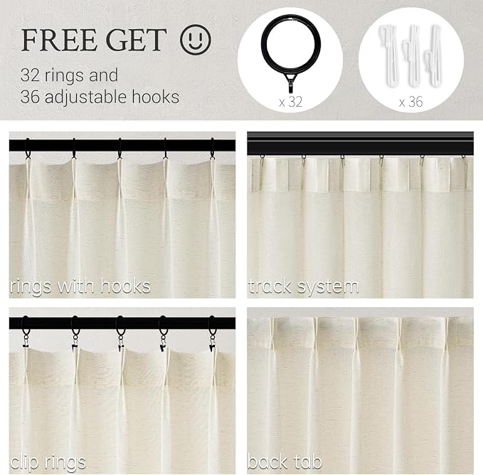 Topfinel 108 Inch Pinch Pleated Linen Curtains 2 Panels, Natural Semi Sheer - Image 2
