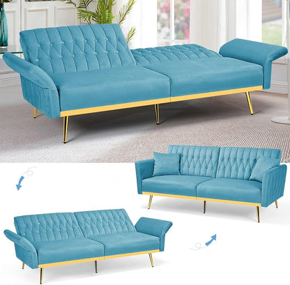 70” Velvet Futon Sofa Bed with 2 Pillows and Adjustable Armrests, Convertible - Image 6