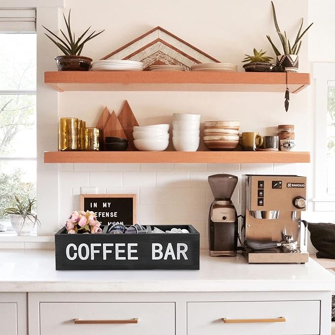 ELLDOO Coffee Bar Wooden Storage Box with Removable Grids, Station Organizer Pod Holder, Rustic Coffee Accessories for Counter, Farmhouse Kitchen, Black
