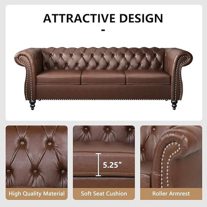 Mid-Century 3 Seater Sofa, Faux Leather Couch - Image 4