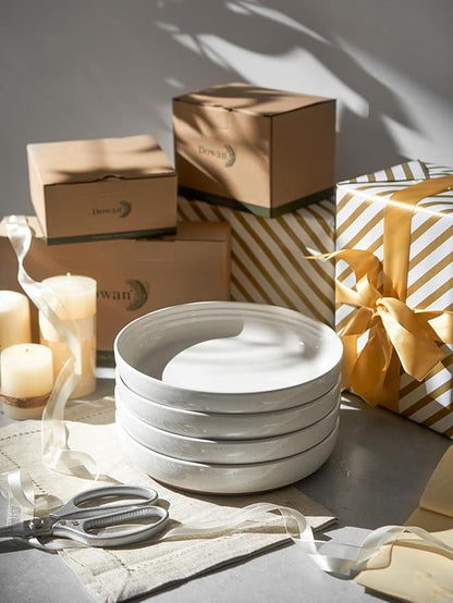 DOWAN 9.6" Ceramic Pasta Bowls Set of 4, Large Shallow White Dinner Bowls with Sesame Glaze Finish, Wide Bowl Plates for Pasta, Salad, Soup & Stew, Microwave & Dishwasher Safe, Housewarming Gift