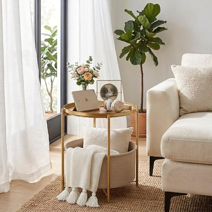 danpinera Gold Side Table with Fabric Storage Basket, Metal Round Side Small - Image 5