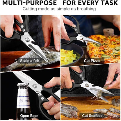 ONEBOM Kitchen Scissors 2 Pack, Heavy Duty All Purpose Shears for Cutting Meat, Fish, Poultry, Dishwasher Safe, Stainless Steel with Blade Kitchen Salad Scissors (Black)