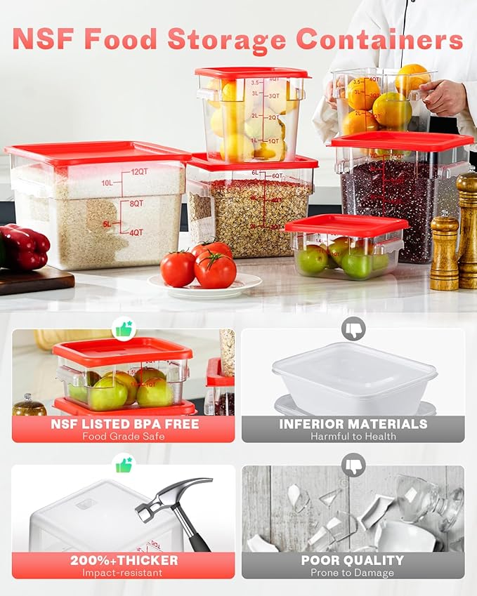 4QT NSF Food Storage Containers with Lids: 4 PCS [Total Food Grade][Hot&Cold Resistant] Commercial Clear Food Storage Containers for Restaurant Kitchen Proof Dough, Measuring Spoons Included(Red)