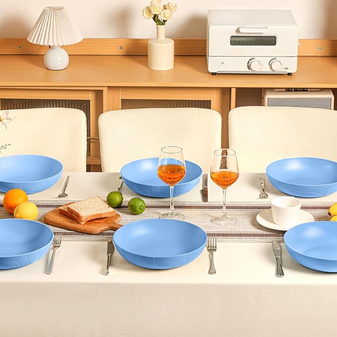 Homienly Wheat Straw Big Bowls Salad Bowls Set of 6 10 inch Serving Bowls 65 oz Large Bowls Plastic Plates Bowls Wide and Shallow Bowls for Kitchen Microwave & Dishwasher Safe-Sky Blue