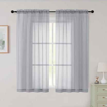 Sheer Light Grey Curtains for Bedroom Living Room 54 Inch Length 2 Panels Set by WelvetBLK