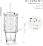 KEMORELA 6-Pack 24oz Glass Tumblers with Straws & Lids, Begonia Floral Iced Coffee Cups with Handles, Reusable Smoothie Glasses, Dishwasher Safe Cold Drinkware Set, BPA-Free Straws Included