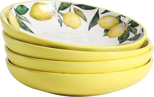Bico Lemon Dreams Pasta Bowls, 35oz Salad Bowl Set of 4, Large Ceramic Serving Dinner Bowls for Soup and Cereal, Microwave and Dishwasher Safe, Gift for Housewarming and Thanksgiving