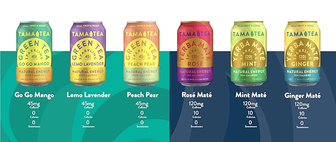Sparkling Rose Yerba Mate by Tama Tea - Unsweetened Natural Energy Drink with Real Fruit & Herbs - Healthy Caffeine Drink Alternative - 120mg of Brain-Boosting Caffeine, 10 Calories - 12oz Pack of 12