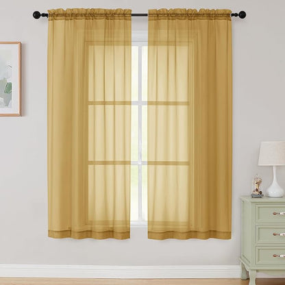 Sheer Gold Curtains for Bedroom Living Room 63 Inch Length 2 Panels, Airy Soft by WelvetBLK