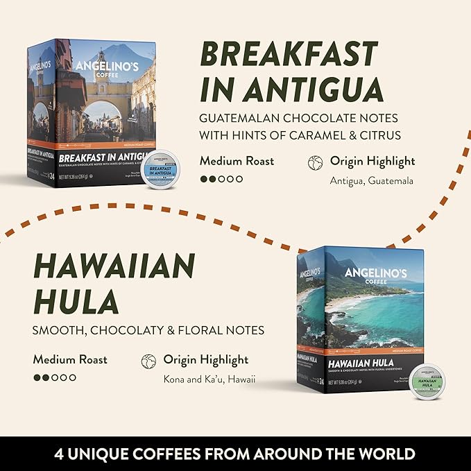 Angelino's Coffee Reserve Collection Coffee Pods Variety Pack, Medium & Dark Roast Coffee K Cups Compatible, 96 Count for Keurig Brewers, Includes Breakfast in Antigua, Hawaiian Hula, Mad Professor, and Espresso