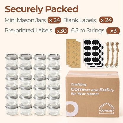 ComSaf Small Regular Mouth Mason Jars 4 oz, 24 Pcs Mini Mason Containers, Small Canning Jars, 4 oz Glass Jar with Lids for Mustards, Dipping Sauces, Jelly, DIY Candle Decor, Wedding Shower Favors