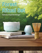 Natural Crystal Flower Matcha Set - 4 Pcs Food Grade Matcha Kit with Spouted Bowl, Matcha Whisk, Scoop and Chasen Holder - Matcha Tea Ceremony Gift for Matcha Lovers (Pine Shadow)