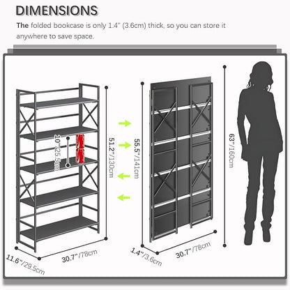4NM Extra Wide 5 Tiers No Assembly Book Shelves, 51.2" H Folding Bookshelf - Image 2